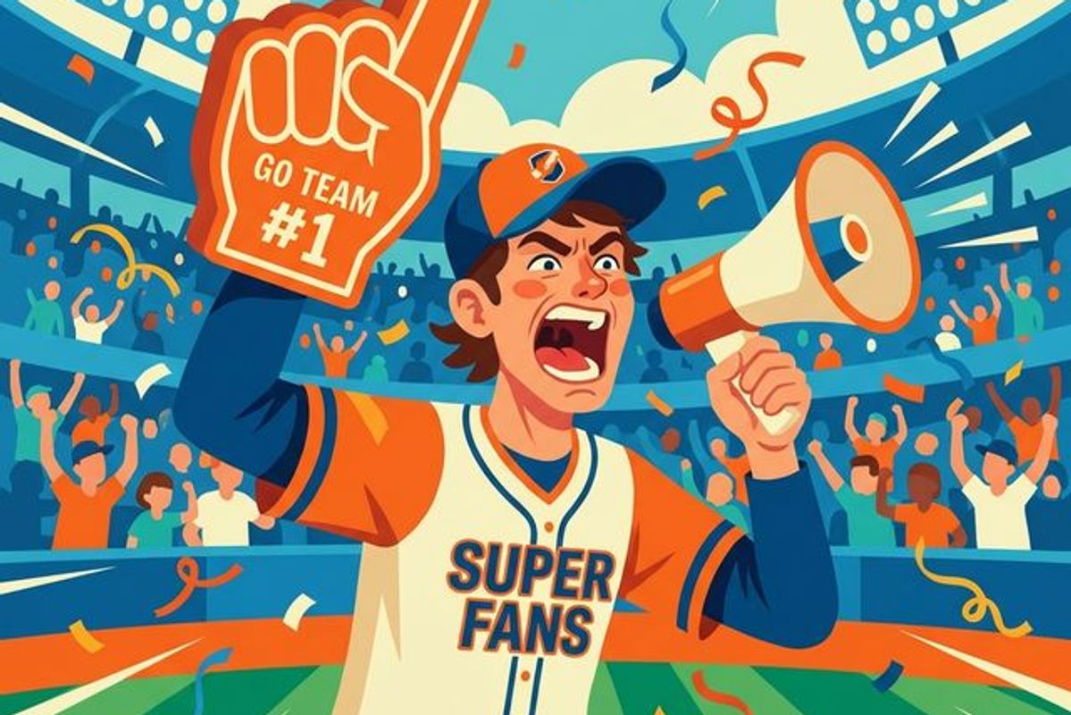 お気に入りのチームのユニフォームを着てスタジアムで大声で応援する熱狂的ファンのイラスト