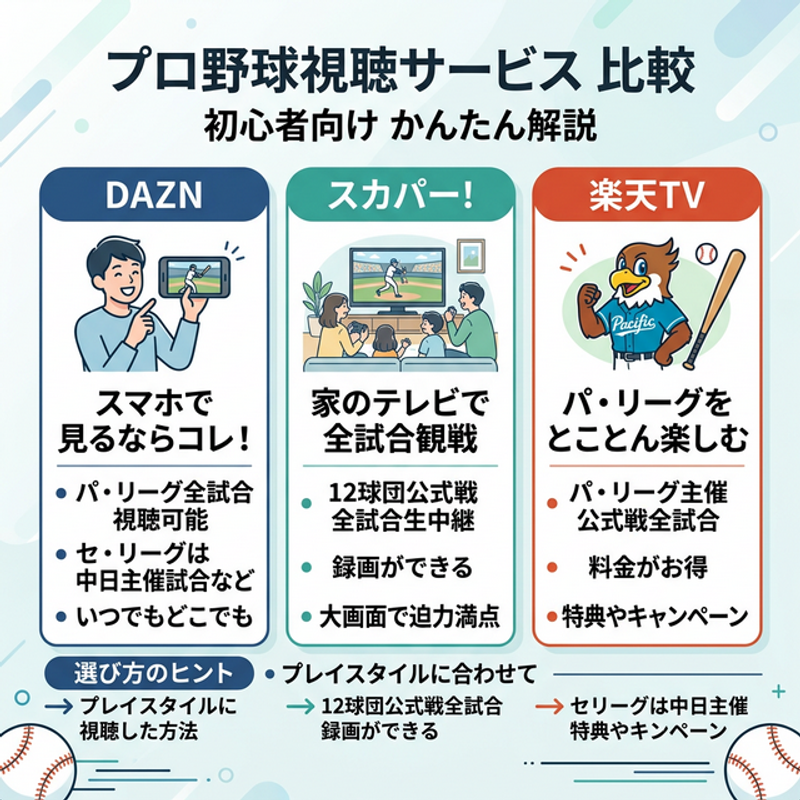 プロ野球・MLB視聴サービス（DAZN、スカパー！、楽天TV）の初心者向け比較・解説表