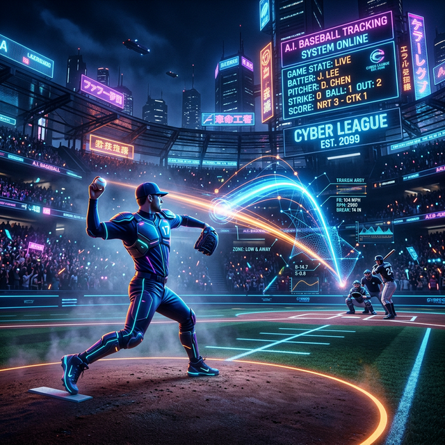 近未来的な夜の野球場で、投手の投球軌跡がホログラムとしてトラッキング解析・可視化されているサイバーなイメージ