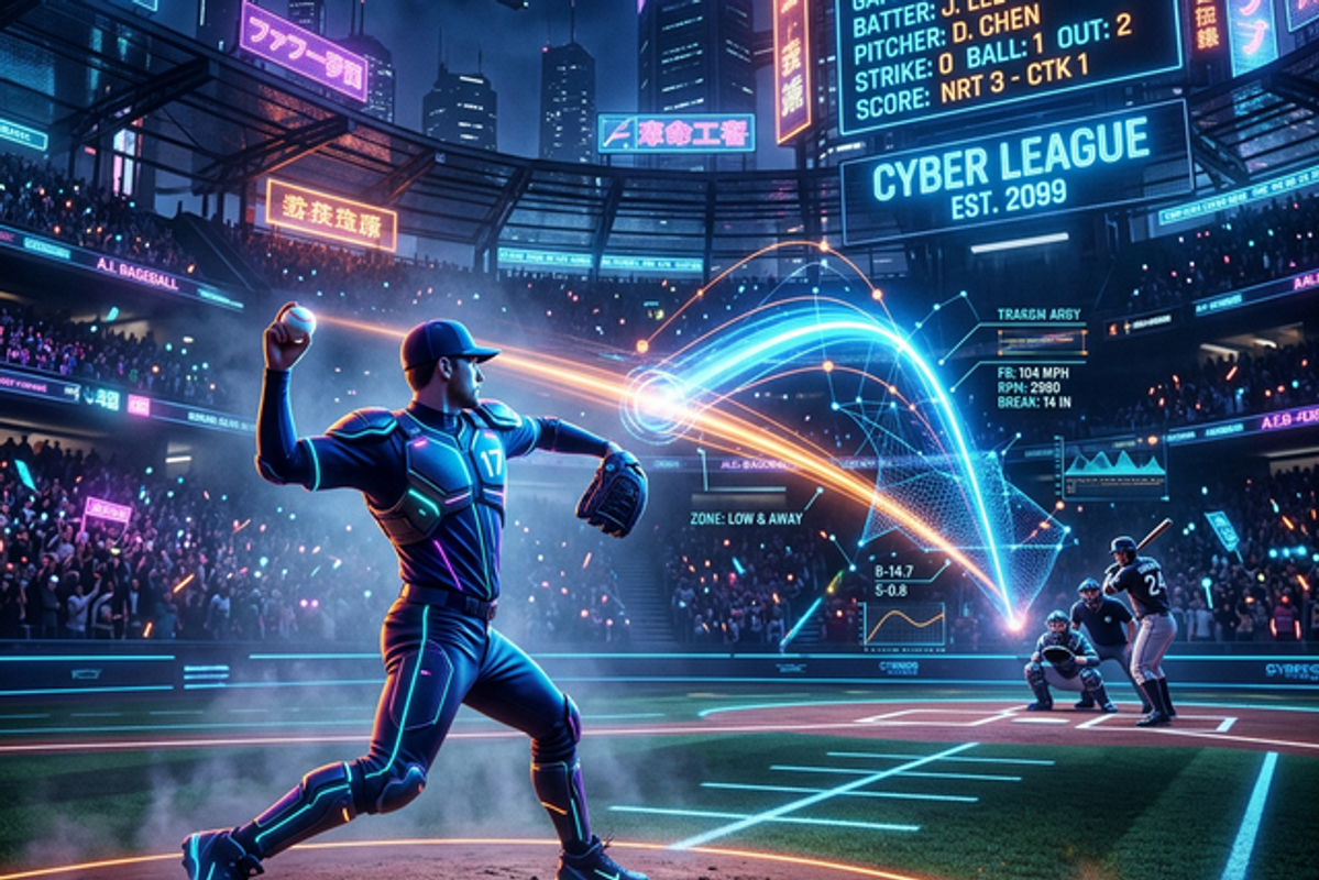 近未来的な夜の野球場で、投手の投球軌跡がホログラムとしてトラッキング解析・可視化されているサイバーなイメージ