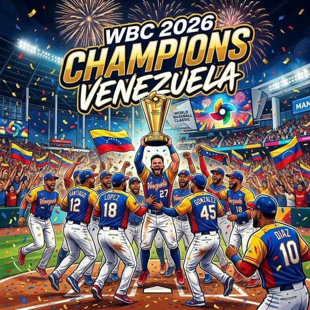 2026年WBC決勝で歓喜するベネズエラ代表選手たちと、その影に潜むデータ分析の図解イメージ