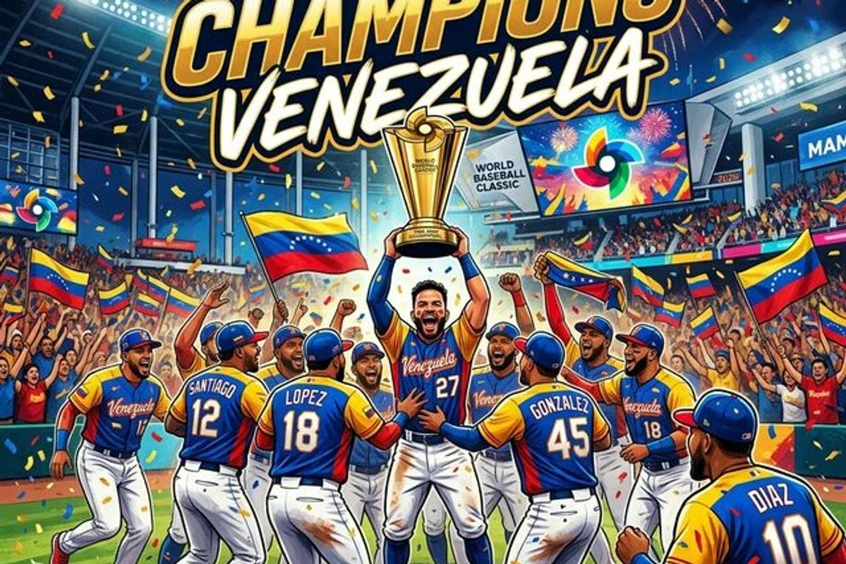 2026年WBC決勝で歓喜するベネズエラ代表選手たちと、その影に潜むデータ分析の図解イメージ