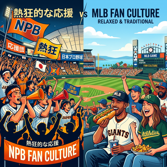 日本の熱狂的な応援団（左）とアメリカのリラックスしたスタジアム観戦（右）を対比させた、NPBとMLBの違いを表すイラスト