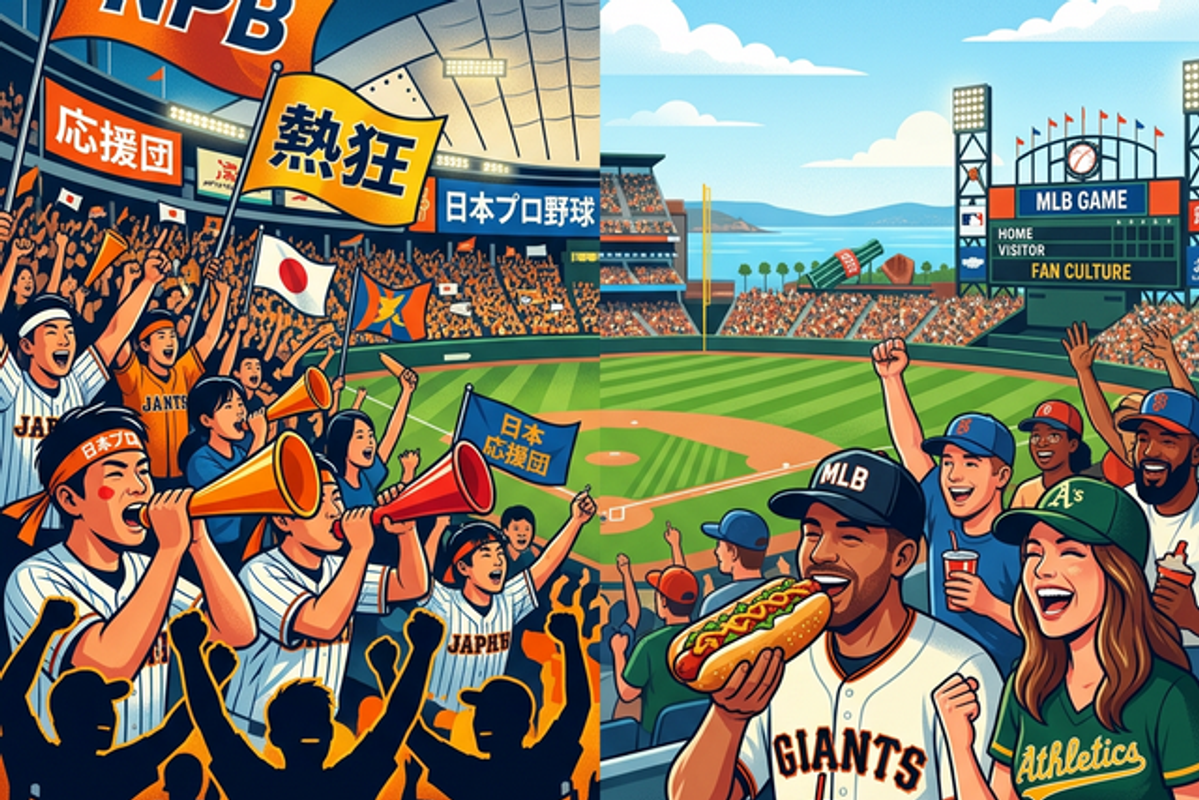 日本の熱狂的な応援団(左)とアメリカのリラックスしたスタジアム観戦(右)を対比させた、NPBとMLBの違いを表すイラスト
