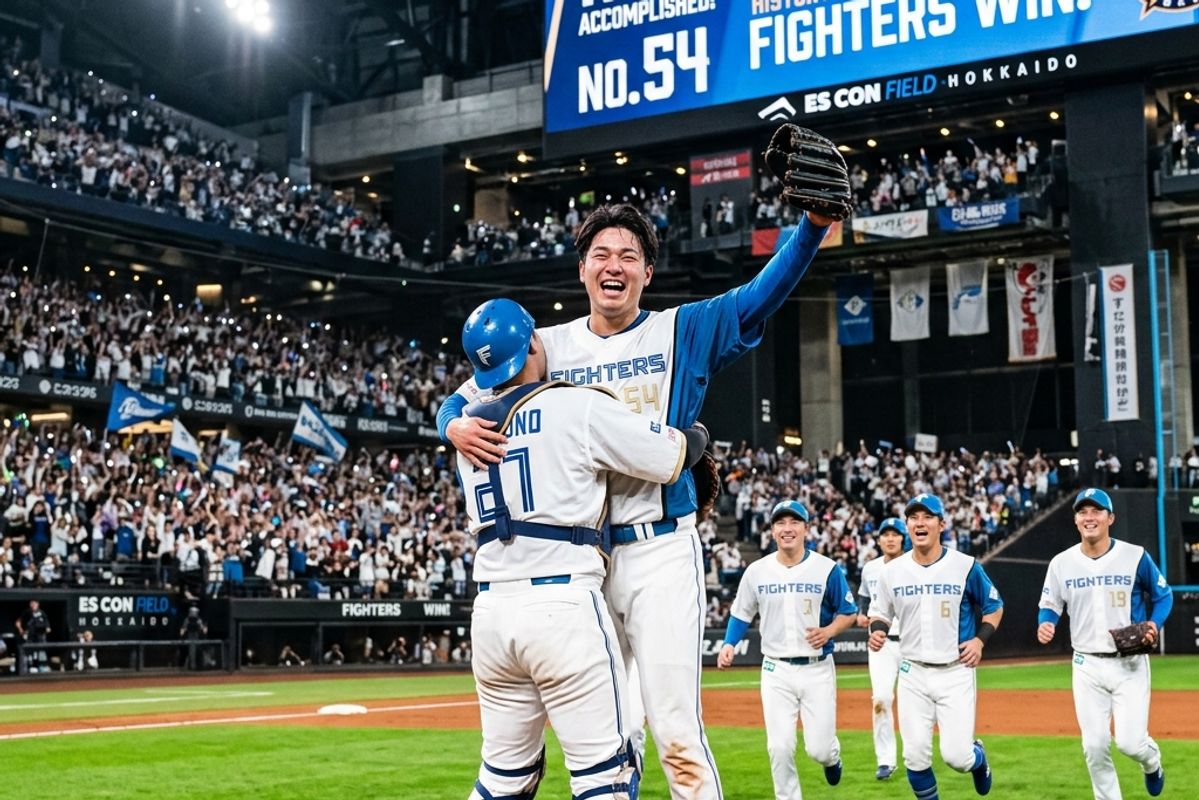 マウンド上でノーヒットノーランを祝い、チームメイトと抱き合う細野晴希投手。エスコンフィールドの巨大モニターには『HISTORY MADE!』の文字