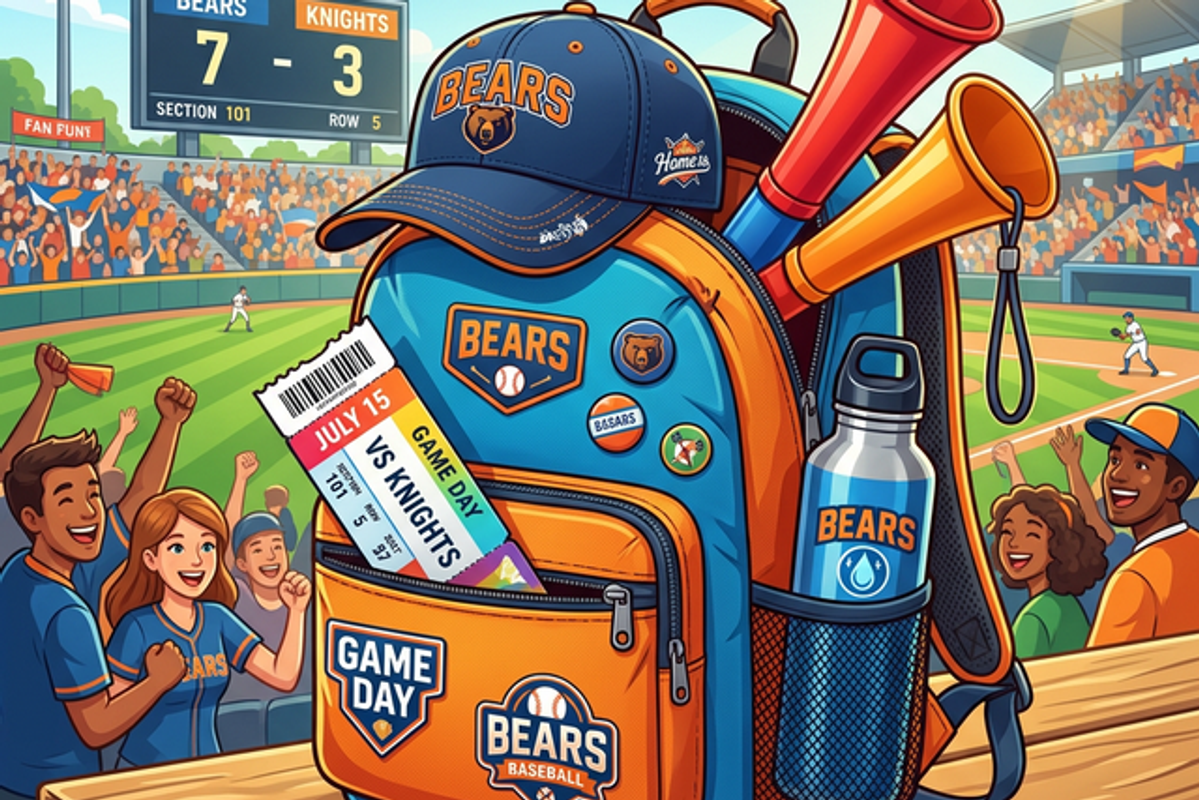 リュックの中に野球帽やメガホン、チケットなどの野球観戦必須アイテムが詰まっている、スタジアムを背景にしたポップなイラスト