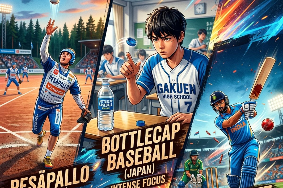 世界中の野球に似たスポーツ(ペサパッロ、キャップ野球、クリケット)のダイナミックなコラージュ