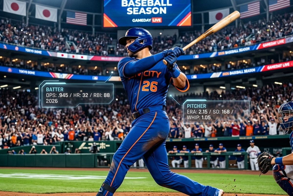 2026年4月の野球界の熱狂を表現したビジュアル。MLBとNPBのトッププレーヤーが交錯し、未来的なスタジアムと精密なデータが融合したイメージ。