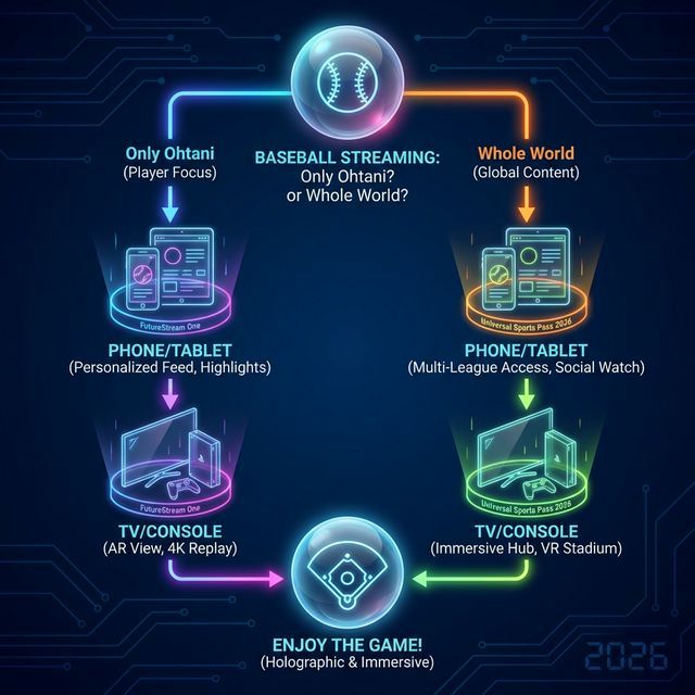 Futuristic flowchart diagram helping baseball fans decide on a streaming service based on their viewing preferences for MLB, NPB, and WBC 2026.
