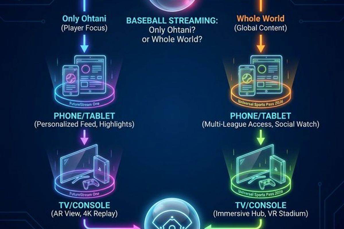 Futuristic flowchart diagram helping baseball fans decide on a streaming service based on their viewing preferences for MLB, NPB, and WBC 2026.
