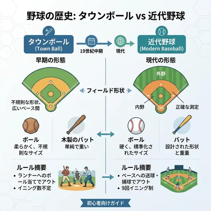 野球のルーツ（タウンボールと近代野球の比較）を図解した初心者向け解説図