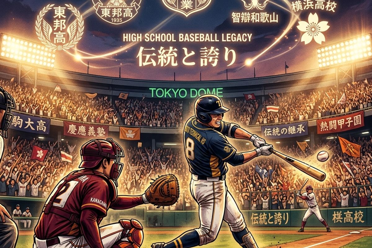夜空に輝く『早稲田実業』『横浜高校』『東邦高』『智弁和歌山』などの甲子園名門校の紋章や日本語の文字『伝統と誇り』が輝く空を背景に、東京ドームのマウンドで打者が鋭くスイングし、捕手がキャッチャーミットを構えているプレミアムなイラスト