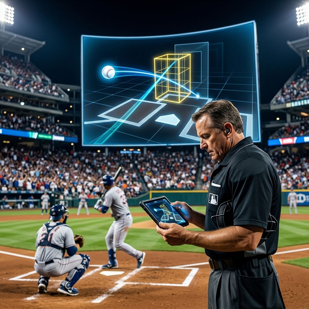 3Dストライクゾーンを映し出すスタジアムのモニターと、タブレットを確認する球審