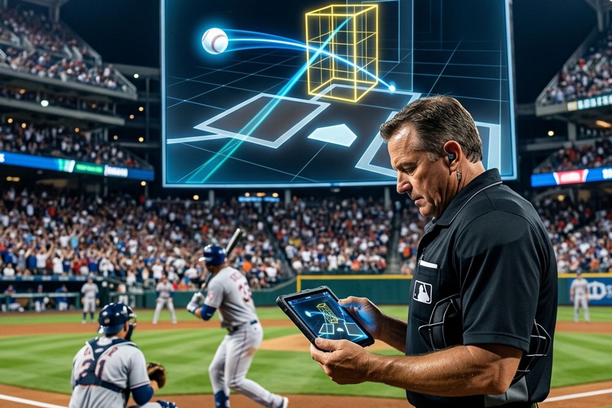 3Dストライクゾーンを映し出すスタジアムのモニターと、タブレットを確認する球審