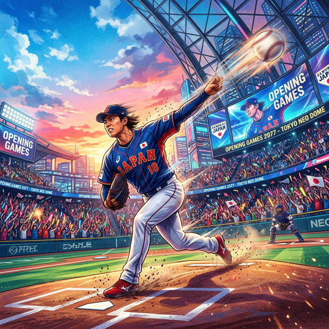 プロ野球開幕の興奮を伝える、夕暮れのドーム球場で力強くボールを投げ込む投手のデジタルイラスト