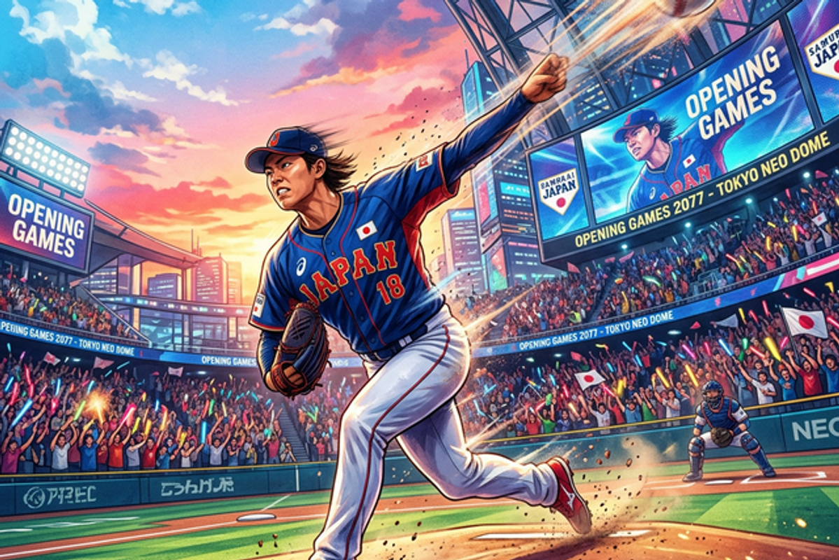 プロ野球開幕の興奮を伝える、夕暮れのドーム球場で力強くボールを投げ込む投手のデジタルイラスト
