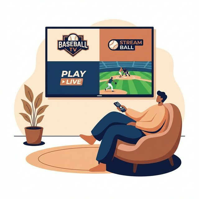 ソファでくつろぎながらテレビで複数の野球配信サービスを比較している人のイラスト