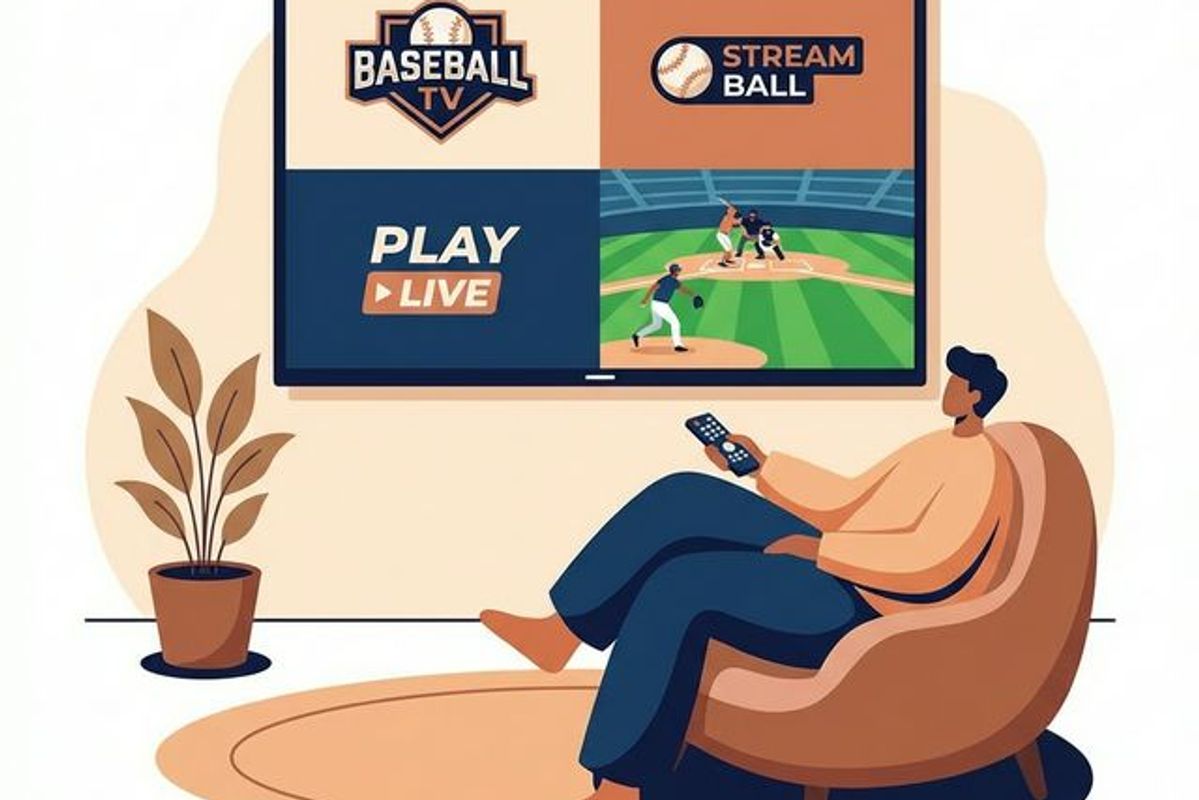 ソファでくつろぎながらテレビで複数の野球配信サービスを比較している人のイラスト