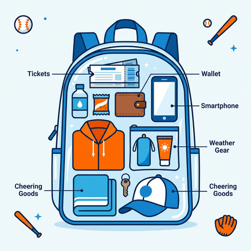 野球観戦用のリュックサックの中身を図解したインフォグラフィック。チケット、財布、スマホ、天候対策グッズ、応援グッズが整理されて収納されている様子