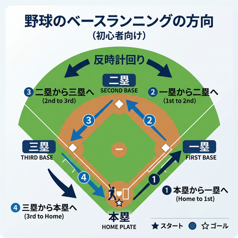 野球の進塁方向（反時計回り）を示す初心者向け図解