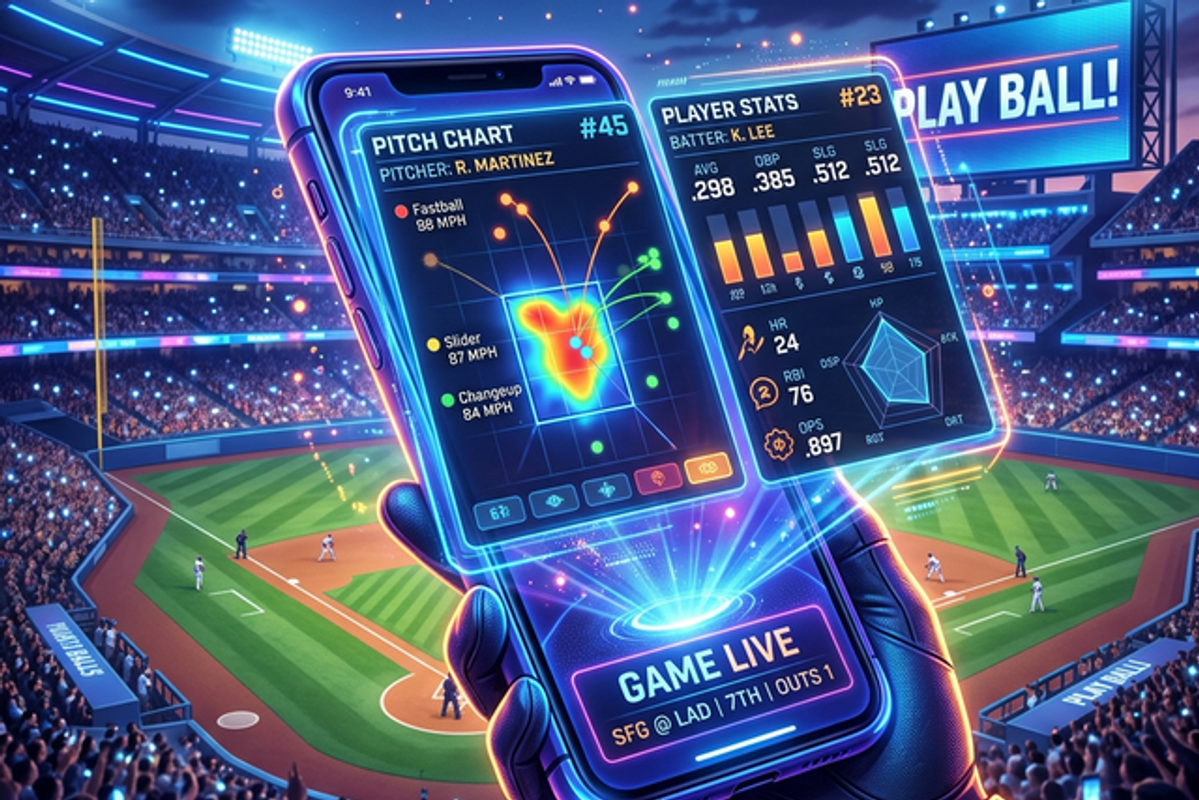 野球場のスタンドを背景に、スマートフォンでインタラクティブな配球チャートや選手スタッツを見ているサイバーなイメージ