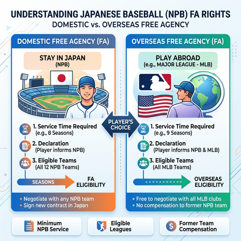 プロ野球のFA制度における「国内FA」と「海外FA」の違い、取得条件と移籍可能先を初心者向けに比較した図解