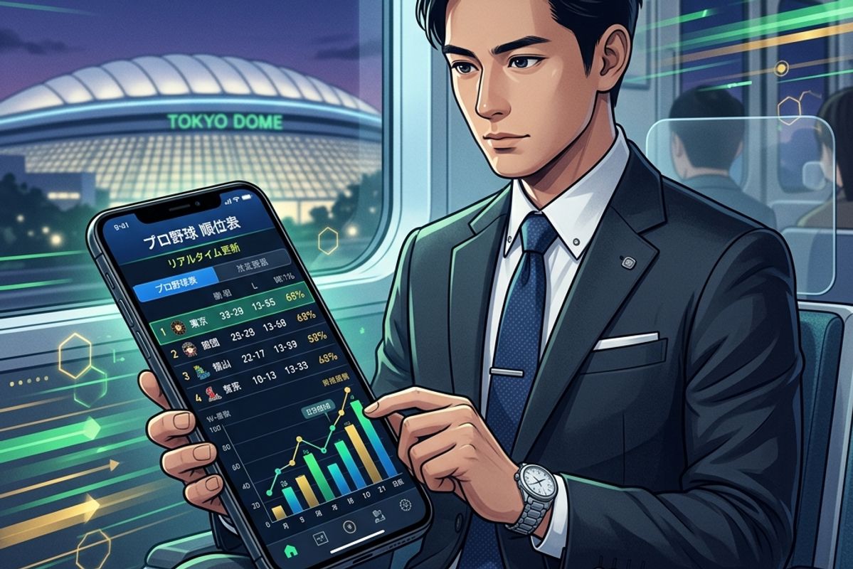 夕方の通勤電車内でおしゃれなスーツを着た30代のビジネスマンが、スマートフォン画面に表示された『プロ野球 順位表』のリアルタイム折れ線グラフやデータを真剣かつ知的な表情で見つめており、背景の車窓からは東京ドームのドーム屋根や夜景が浮かび上がっているプレミアムなイラスト
