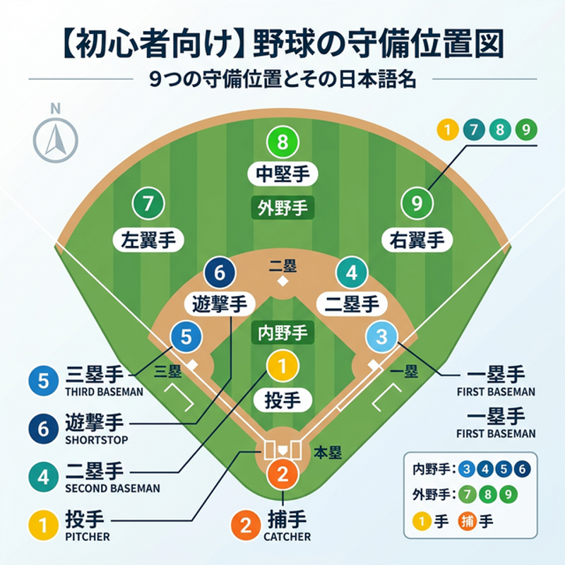 初心者向け野球のポジションと役割の図解（投手、捕手、内野手、外野手などの日本語表記）