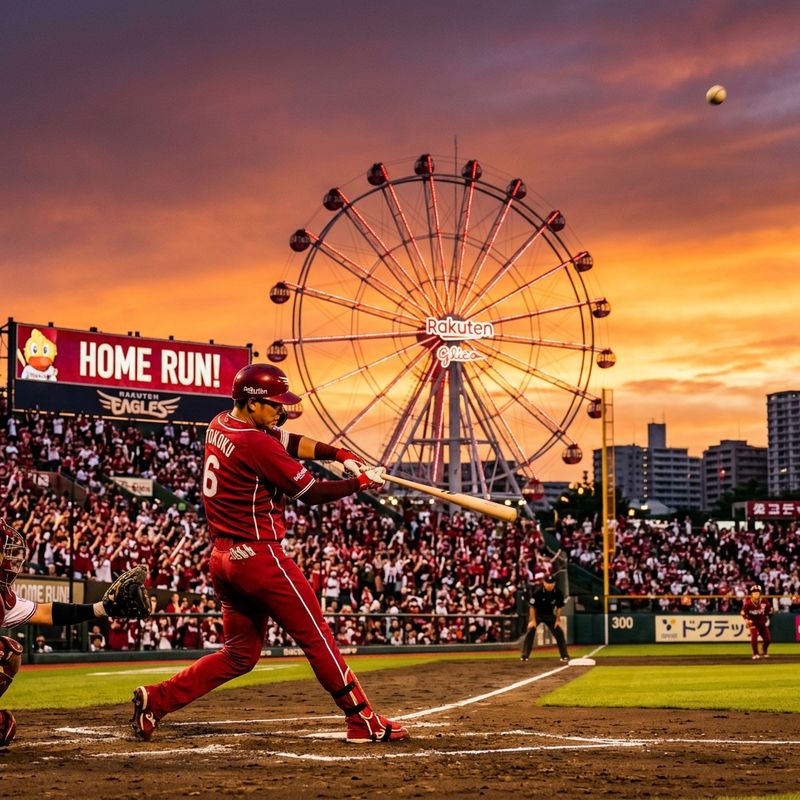 楽天モバイルパーク宮城の夕焼けをバックにフルスイングを見せる楽天イーグルスの選手