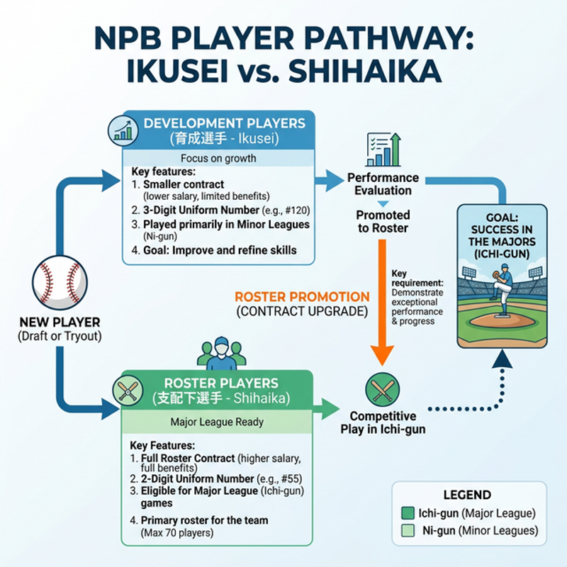 プロ野球の「支配下登録選手」と「育成選手」の契約や昇格フローの違いを分かりやすく解説した比較・フロー図解