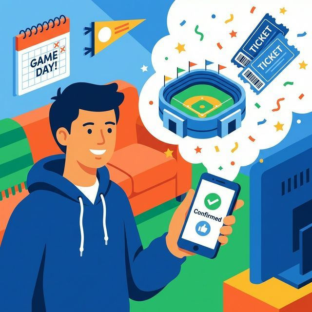 スマホで野球チケットを確保し、スクリーンからスタジアムや紙吹雪が飛び出すイラスト