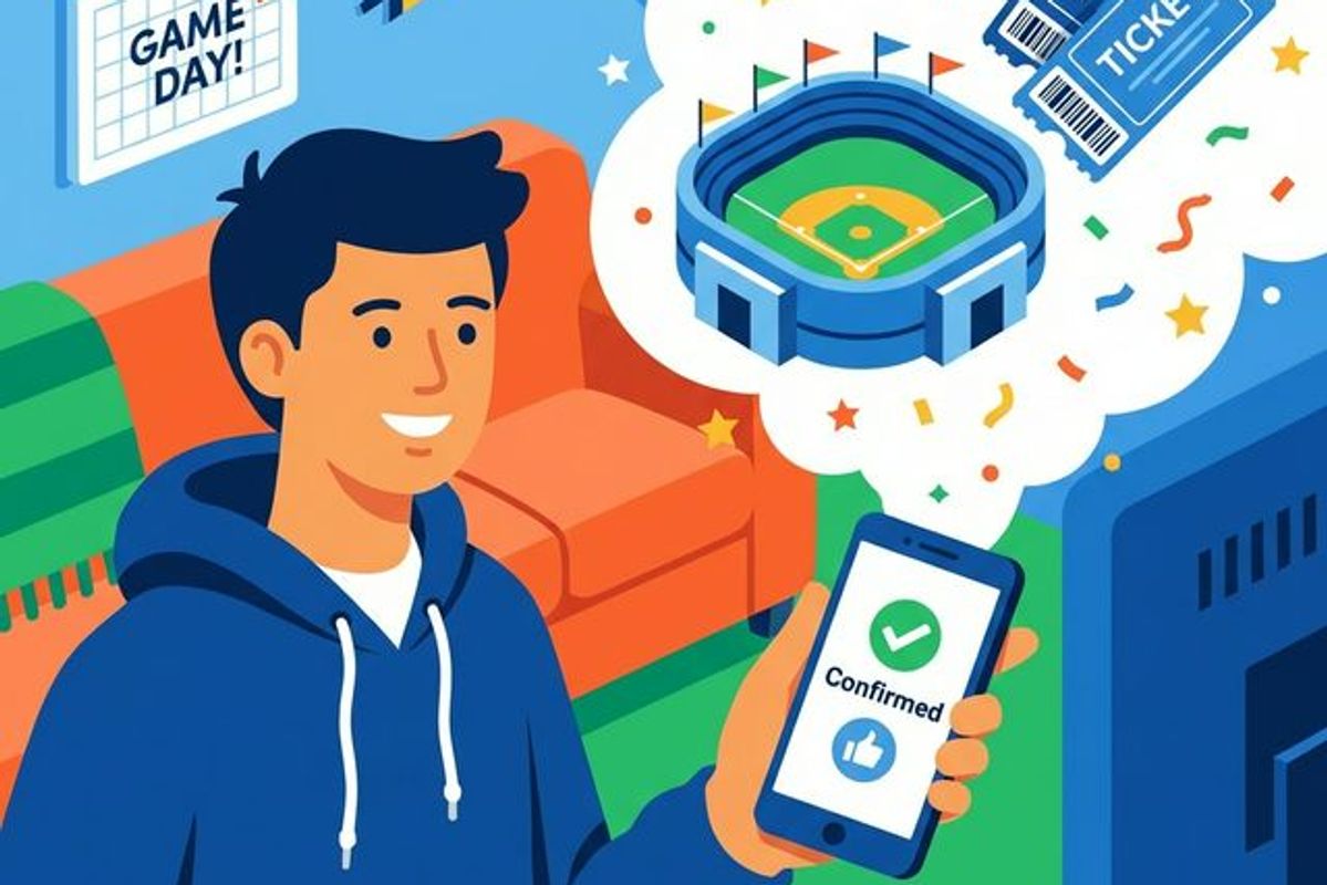 スマホで野球チケットを確保し、スクリーンからスタジアムや紙吹雪が飛び出すイラスト