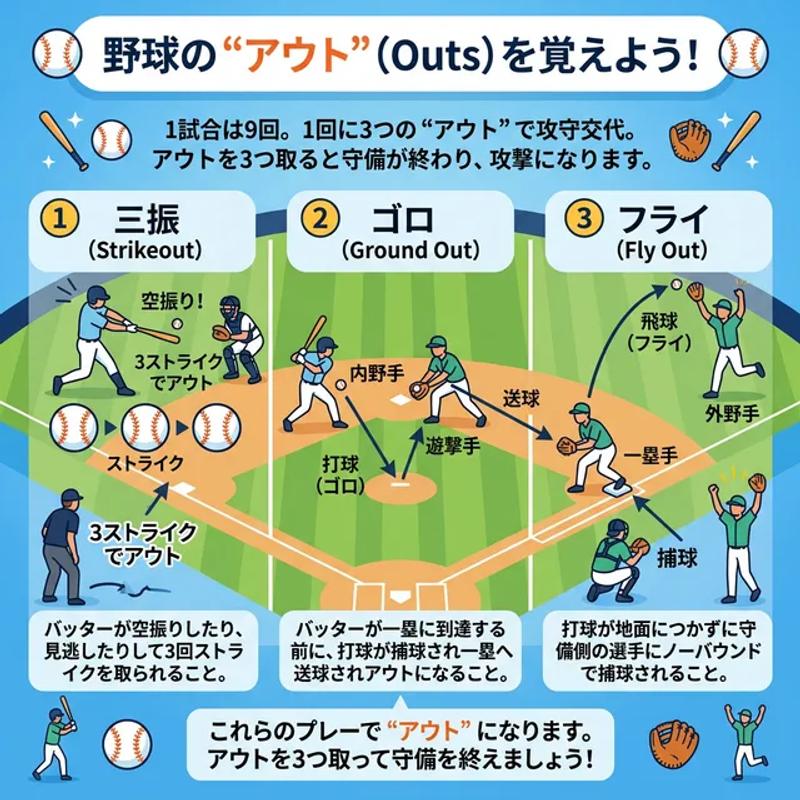 野球のアウト（三振、ゴロ、フライ）の仕組みを解説した初心者向け図解