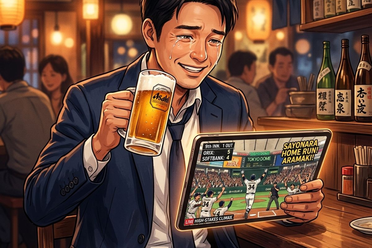 仕事終わりの落ち着いた居酒屋で、冷えたジョッキのビールを手にタブレット端末で見つめる劇的なサヨナラホームランの映像に、感動の涙を流しながら笑顔を浮かべている30代のスーツを着た日本のビジネスマンのイラスト