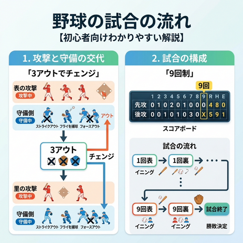 野球の試合の流れ（3アウトチェンジ・9回制）を解説した初心者向け図解