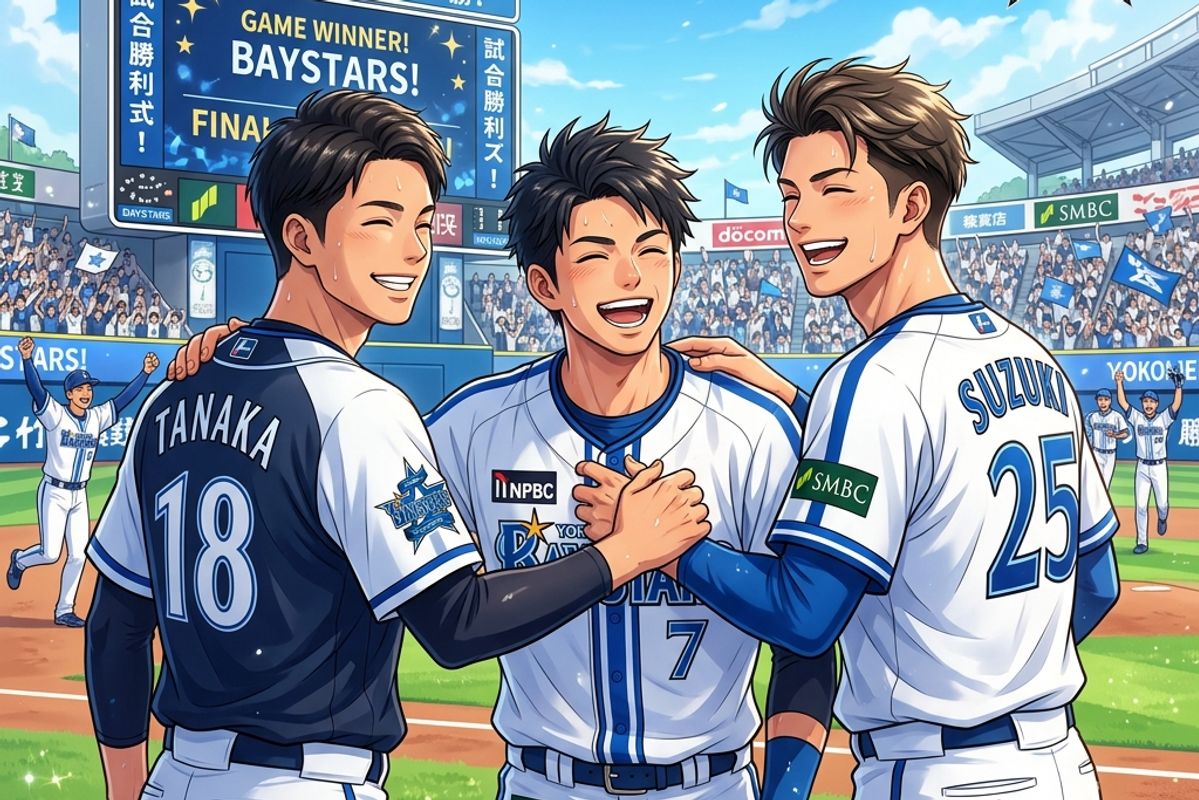 侍ジャパンやプロ野球の未来を担う爽やかでエネルギーあふれる若手選手たちが、よく晴れた青空のスタジアムで楽しそうに笑顔で友情を交わしているイラスト