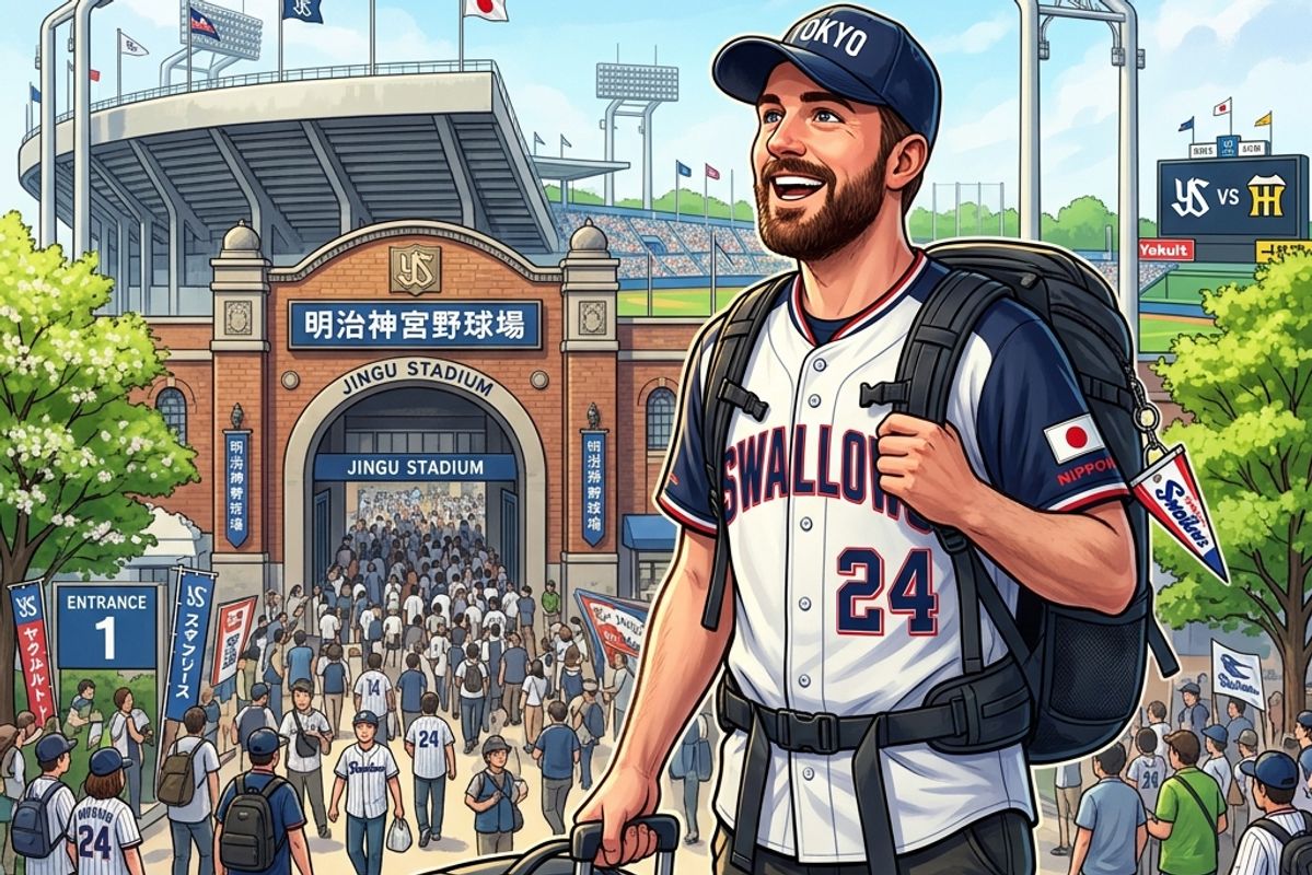明治神宮野球場の入り口前で、チームのユニフォームと大きな旅行用バックパック、キャリーケースを手にしてワクワクした表情でスタジアムを見上げる30代の男性ファンのイラスト