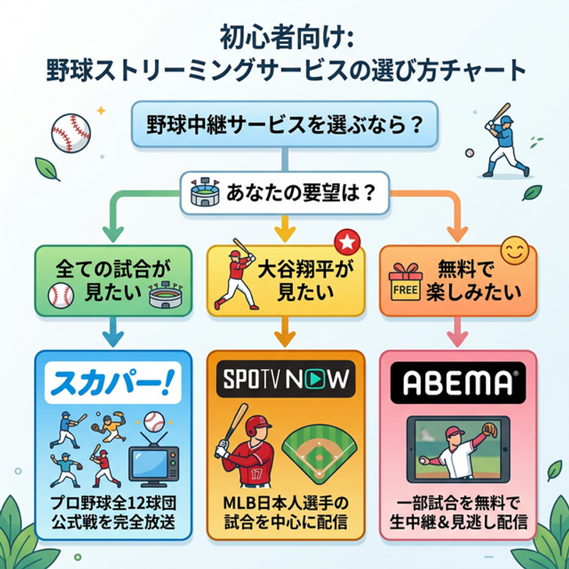 初心者向け野球ストリーミングサービスの選び方チャート（スカパー、SPOTV NOW、ABEMAの特色比較）
