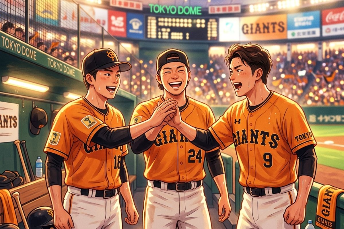 ジャイアンツのダグアウト内で、オレンジと黒のユニフォームを着用した若き3人のエネルギッシュなプロ野球選手たちが、笑顔で互いの手を合わせ、団結と決意を示しているイラスト。背景にはナイターの熱気あふれるスタジアムが柔らかく照らされている
