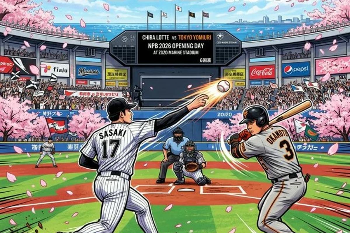2026年NPB開幕戦、満員となった東京ドームの熱気とサイバーパンク風の照明演出を表現したヒーロー画像