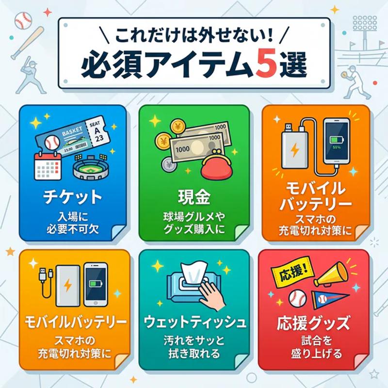 球場観戦の必須アイテム図解