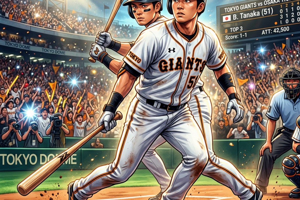 プロの厳しい戦いに挑むルーキー選手たちの決意を描いたデジタルイラスト。眩しいスタジアムの光と気迫あふれる表情。