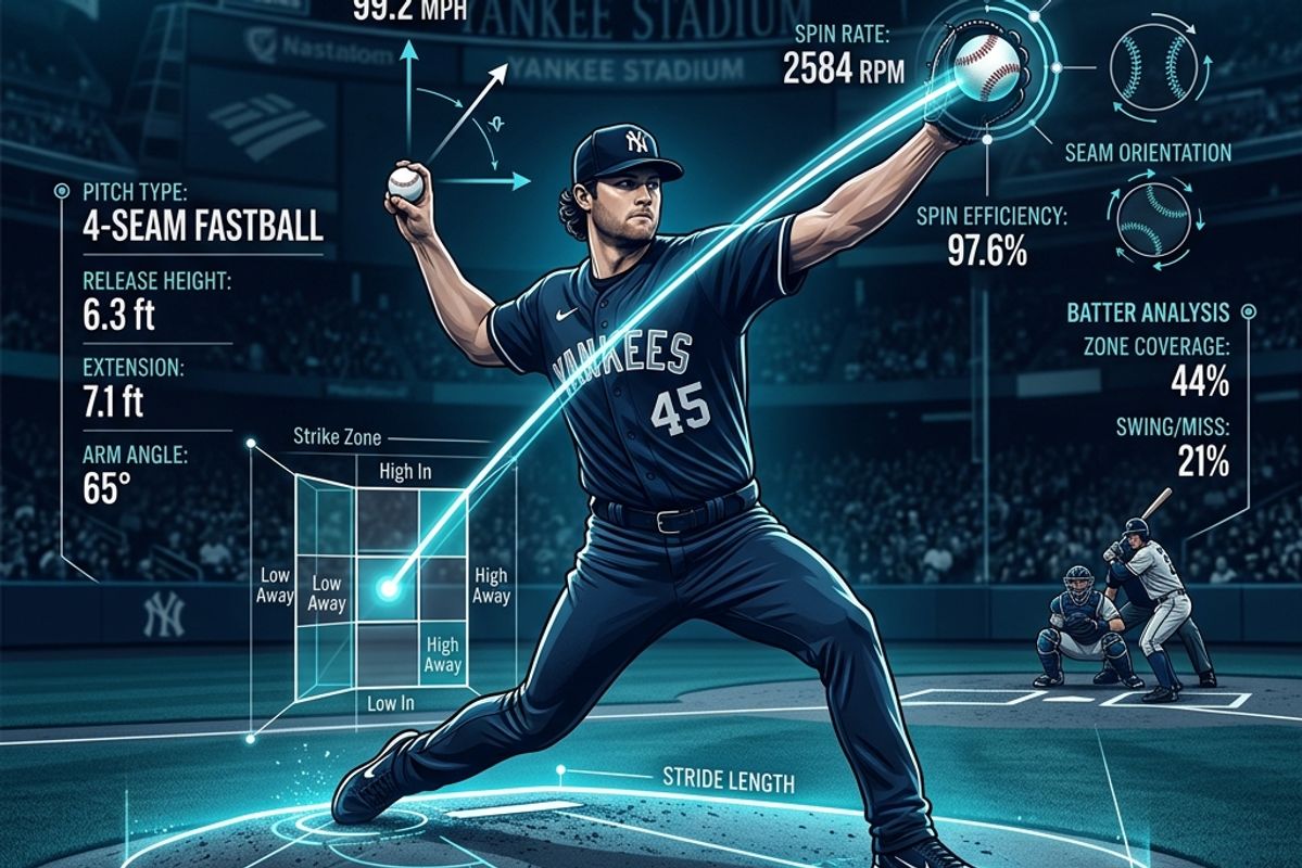ネイビーブルーとシアンを基調とした背景のプロ野球のマウンドで、ピッチングモーションを起こす右投手のイラスト。球速やスピン回転数、球種の分析データ(スピン効率、ストライクゾーンカバー率など)が数学的で美しいインフォグラフィックのように重ねられている