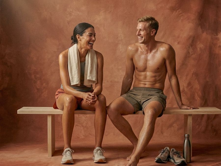 Two guests laughing on the bench after a run