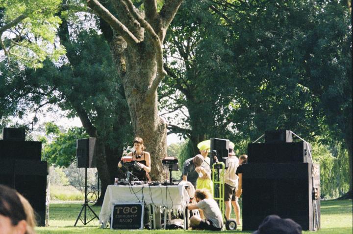 Tech support under the decks while dJs play on the Echo Soundsystem at Western Springs Park