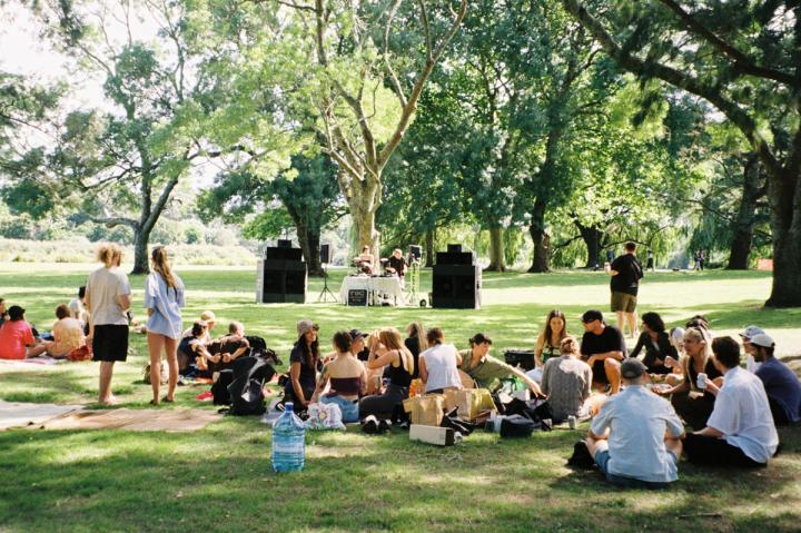 Community members gathered in Western Springs Park while DJs play on the Echo Soundsystem.