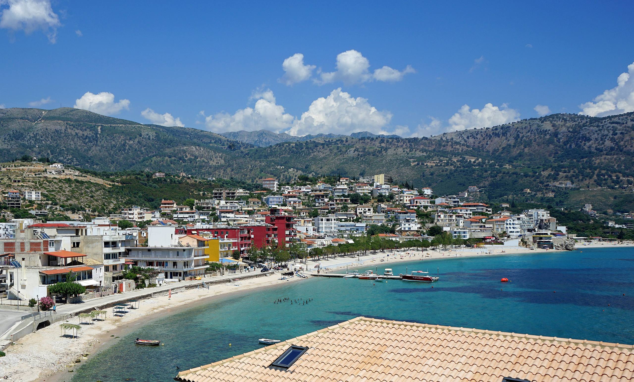 Himarë on the Ionian coast of Albania, seen over the beach and the seafront