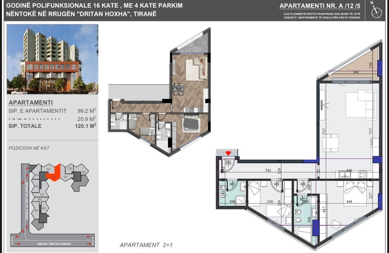 Trilocale 2+1+2 in nuova costruzione, Tirana, 120,1 m²