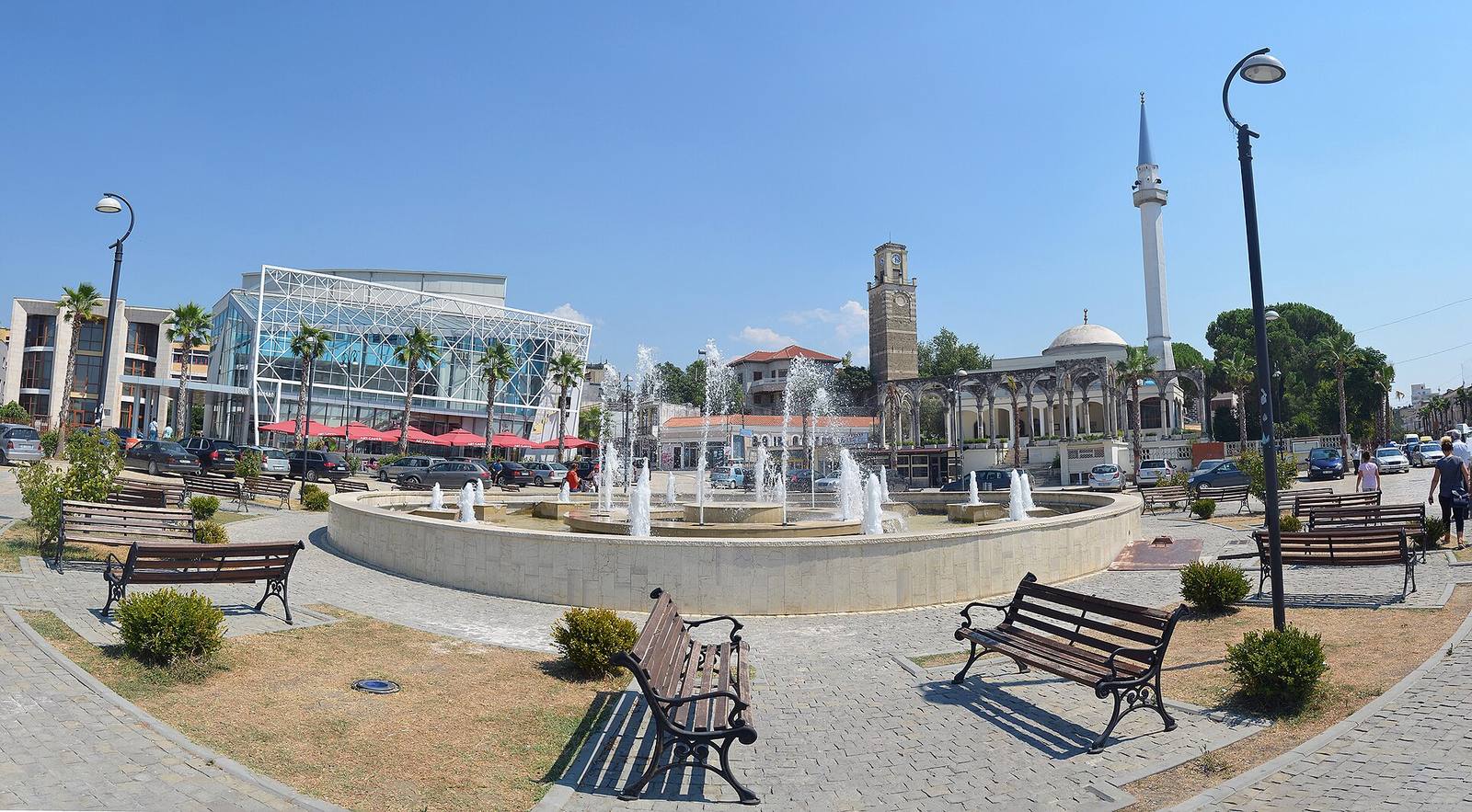 Democracy Square in Kavajë with the fountain, the clock tower and the Kubelie Mosque