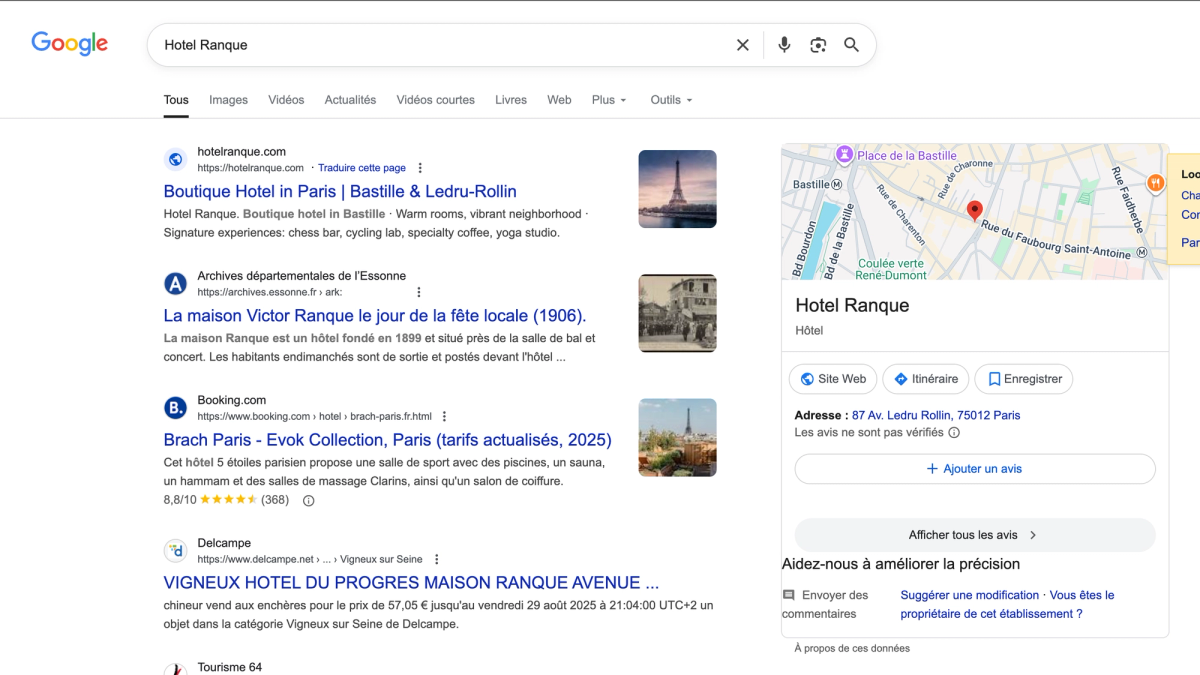 Hotel Ranque appears in hours inside Google